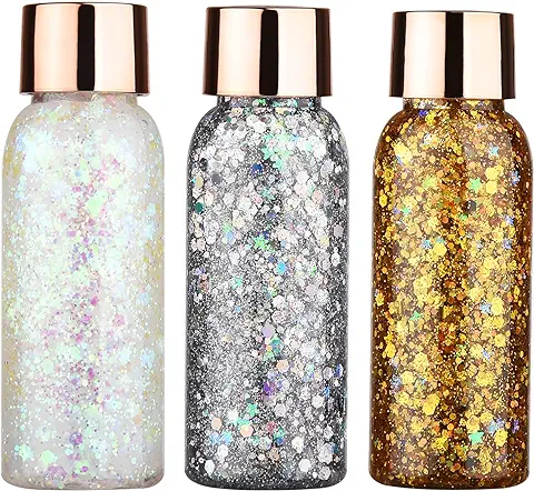 UNVOJL 3 Botellas de gel con Purpurina Corporal, Lentejuelas Gruesas, gel Holográfico con Purpurina para Maquillaje de Festivales  