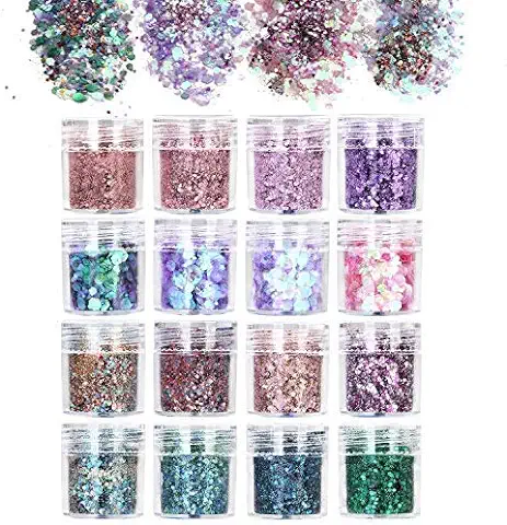 URAQT 16 Colores Purpurinas Polvo, Chunky Glitter Flakes Paillette Brillante Decoración para Cara Maquillaje Pelo Arte Corporal Uñas y Mejilla-C  