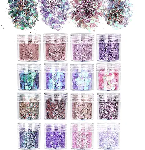 URAQT 16 Colores Purpurinas Polvo, Chunky Glitter Flakes Paillette Brillante Decoración para Cara Maquillaje Pelo Arte Corporal Uñas y Mejilla-B