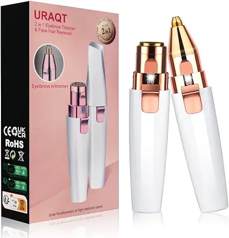 URAQT Depiladora Facial Mujer, Eléctrica Depiladora Cejas Portátil, 2 en 1 Rasuradora Mujer USB Recargable con Cabezal de Repuesto y Luz LED, Afeitadora Sin Dolor para Cara Nariz Labio (Blanco)  