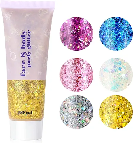 URAQT Purpurina Cara, Purpurina Líquida para Maquillaje Festival, Gel Chunky Glitter Corporal ​para Purpurina Maquillaje, Brillantes para la Cara, Cabello y Cuerpo para Halloween (Dorado)  