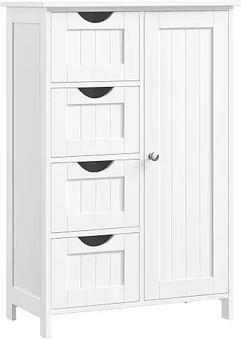 VASAGLE Armario de Baño, Mueble de Baño Estrecho, Cómoda de Baño, Cajonera con 4 Cajones, Armario con Puerta, Estante Ajustable, 30 x 55 x 82 cm, Blanco LHC41W  