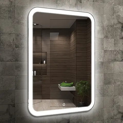 Venti 50x70cm Espejo de Baño Vertical con Luces LED, Espejo de Baño Iluminado con Interruptor Táctil, Esquinas Redondeadas, Espejo de Baño Rectangular LED con Luz LED Frontal en Blanco Natural.  