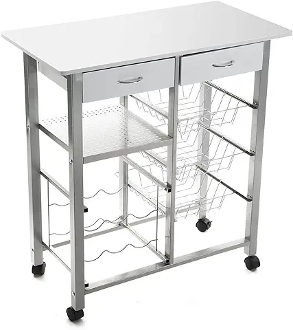 Versa Leicester Carro de Cocina con Ruedas, cajones y botellero, Verdulero con despensa y organizadores, Almacenaje de Cocina, Medidas (Al x L x An) 82 x 40 x 76 cm, Madera y Metal, Color Blanco