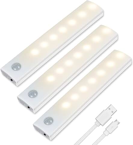 Vicloon Iluminacion Luz sin Cables Portatil, 3 Pc Luz Armario con Sensor de Movimiento con Auto En/Apagado, USB Recargable LED Armario con 2 Tiras Magnéticas para Escalera, Cocina (Blanco Cálido)  