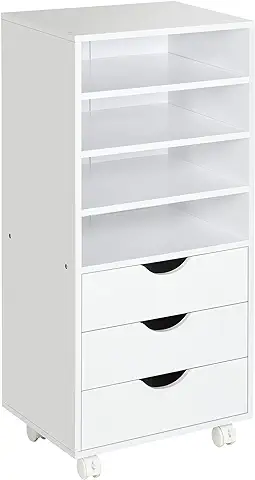 Vinsetto Mueble Auxiliar para Oficina Estudio Gran Espacio de Almacenaje con 3 Cajones 4 Estantes Abiertos 4 Ruedas 38x40x86,8 cm Blanco  