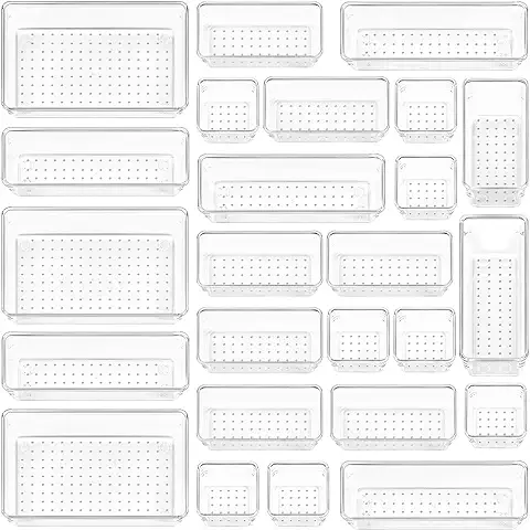 Vtopmart - Juego de 25 Organizadores de Cajones de Plástico Transparente, Bandejas Versátiles de 4 Tamaños para Cajones de Baño y Tocador, para Maquillaje, Joyas, Utensilios de Cocina y Oficina  