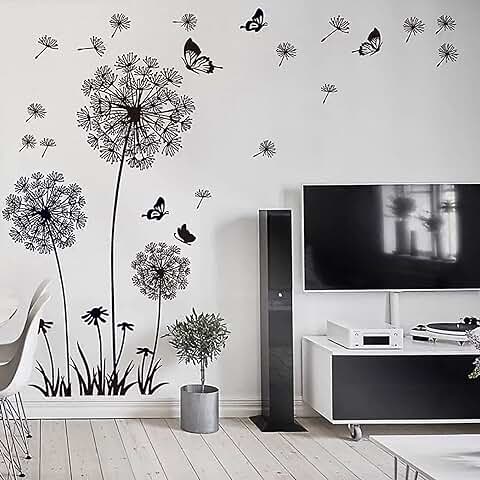 WandSticker4U®- Pegatinas de Pared DIENTES DE LÉON I (165 x 130 cm) I Negro Blanco Mariposa Naturaleza Flores I Adhesivos Pared Decorativos Habitación Salón Dormitorio Baños Cocina  