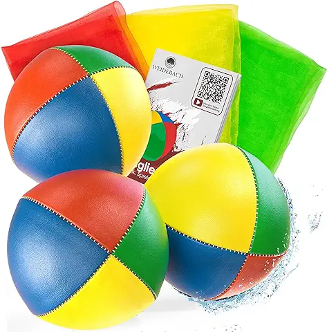 Weidebach® 3X Pelotas de Malabares de Calidad + 3 Pañuelos, Ø 67 mm Pelotas para Principiantes, 130g, Resistentes al Agua, Pelotas de Malabares con Instrucciones, Profesional  