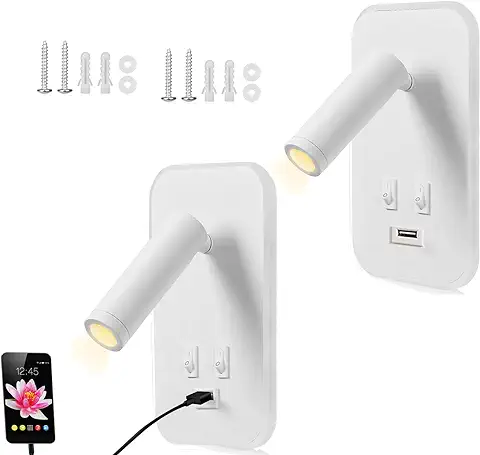 Weigudoc 2pcs Lámpara de Pared LED, Luz de Lectura Junto a la Cama, Aplique de Pared Cabecera Ajustable, con Puerto de Carga USB e Interruptor, Luces de Pared de Pasillo (Blanco)  