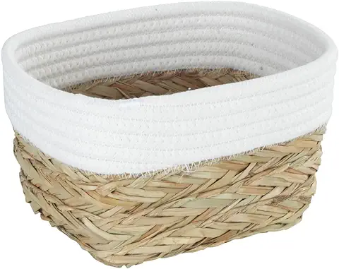 Wenko Cesta de Almacenamiento Rika S, Cesto Decorativo para Pequeños Accesorios, con Fibras Vegetales Naturales y Tejido de Algodón, 80 % Fibra Natural y 20 % Algodón, 15 x 20 x 13 cm, Marrón/Blanco  