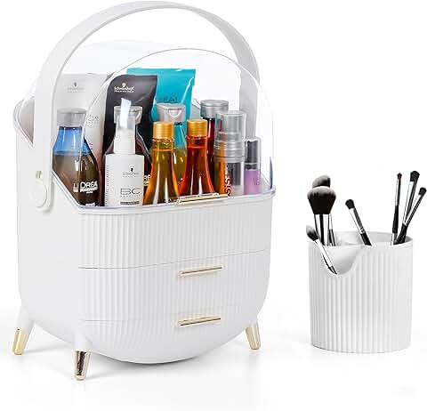 Winter Shore Organizador Maquillaje Blanco con Tarro para Brochas - Organizador Baño Plástico de 3 Niveles, Asa Giratoria y Tapa Transparente - Expositor de Cosméticos Resistente al Agua y al Polvo  