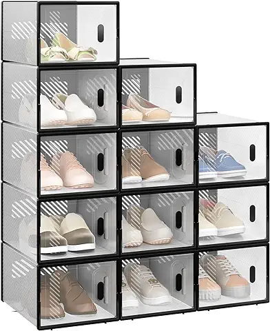 WOLTU 12X Cajas de Zapatos de Plástico Cajas Transparentes Apilables y Plegables para Zapatos Organizador para Zapatos en Guardarropa Caja Almacenaje de Zapatos con Tapa Frontal, SRX12stp  