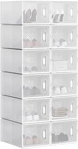 WOLTU 12X Cajas de Zapatos Transparentes Cajas para Zapatos de Plástico Apilables y Plegables Organizador de Almacenamiento de Guardarropa, Contenedor Zapatos con Tapa Frontal, 35x25x19 cm SRX12tp  