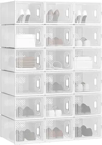 WOLTU 18X Cajas de Zapatos Transparentes Cajas para Zapatos de Plástico Apilables y Plegables Organizador de Almacenamiento de Guardarropa, Contenedor Zapatos con Tapa Frontal, 35x25x19 cm SRX13tp  