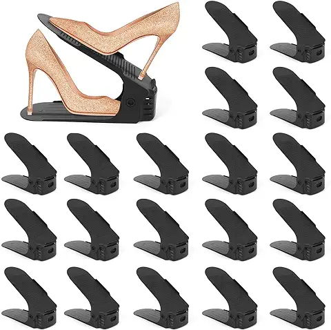 XiYee Organizadores de Zapatos, 20Pcs Soporte de Calzado de Altura Ajustable para Zapatos para Organización de Armario, Adecuada para Mujeres y Hombres, Ahorra Espacio (Negro)  