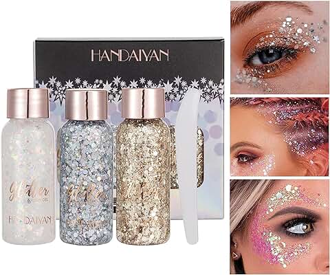 XoeLLe Gel Purpurina Cara y Cuerpo, 3 Colores Sirena Paillettes Brillos Chunky Glitter para Ojos, Brillantes para la Cara Gemas, Gel Corporal para El Pelo, Maquillaje, Halloween, Niños, Festivales(A)  