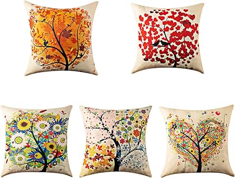 Yangbaga Colorido Otoño（5pc） Flor Árbol Algodón de Lino, Throw Pillow Case, Funda de Almohada para Cojín, Estampado, 45x45 cm  