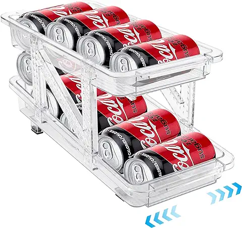 Yeahshion Dispensador de Latas con Ancho Ajustable, Almacenamiento Transparente para Nevera, Organizador Automático de Bebidas de 2 Niveles para Cocina, Nevera, Despensa, Armario  