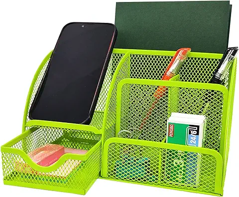 ZDZBLX Organizador Escritorio, Organizador de Escritorio de Malla Metálica Multifunción, Portalapices, Lapiceros para Escritorio, Material Oficina y Papeleria Desk Organizer con Cajón, Verde Lima  