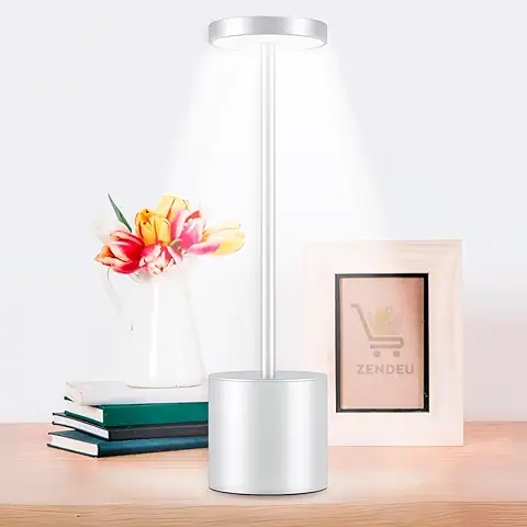 ZENDEU Lampara LED para Escritorio, Mesa y Mesita de Noche, USB Recargable, Inalambrica con 3 Modos de Iluminación, Luz de Lectura Regulable, para Uso Interior y Exterior (Plateado)  