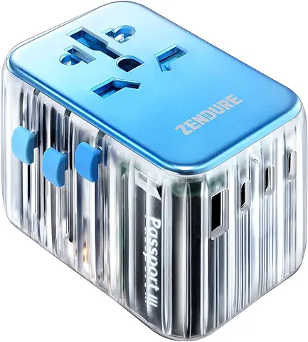 Zendure 65W PD Adaptador Enchufe De Viaje Universal, Carga Rápida Enchufe Adaptador Internacional (Passport III = Adaptador de Viaje + Concentrador USB + Fuente de Alimentación)  