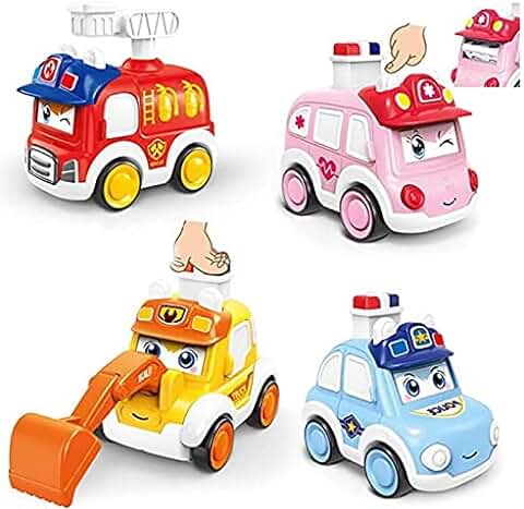 ZHUOYOU Coches de Juguete para Bebé,4 Piezas Niños Vehiculos de Presión Juguete,Niño Fricción Juguete Camiones Educativos Regalos para 2 3 4 Años Niño Niña  