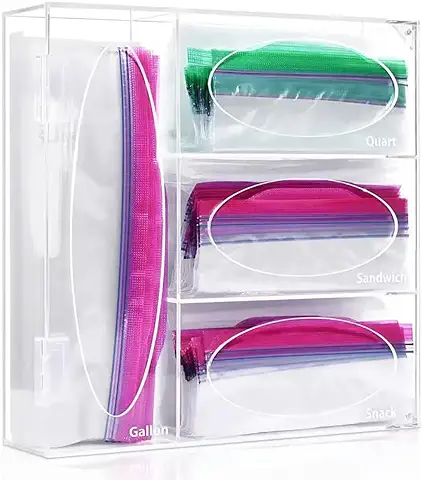 Ziplock - Organizador de Bolsas Acrílicas para Almacenamiento de Alimentos, Organizador de Bolsas de Cocina Compatible con Bocadillos de Sándwich de Cuarto de Galón, Transparente  