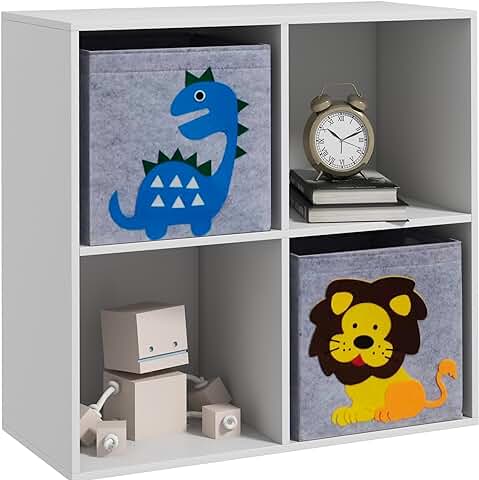 ZONEKIZ Estantería para Juguetes Infantil Librería para Niños de +3 Años con 4 Compartimientos de Almacenaje y 2 Cajones de Tela no Tejida con Imagen de Animales 61,8x29,9x61,8 cm Blanco y Gris  