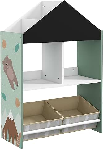 ZONEKIZ Estantería para Juguetes Organizador Infantil con Pizarra Pintable Estantes Abiertos y 2 Cajas de Tela no Tejida Extraíbles para Sala de Juegos Habitación Guardería 62,4x26,5x90 cm Verde  