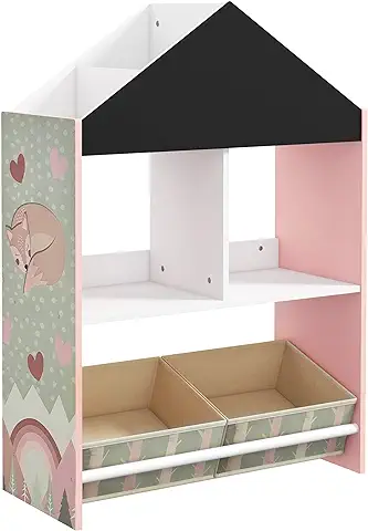 ZONEKIZ Estantería para Juguetes Organizador Infantil con Pizarra Pintable Estantes Abiertos y 2 Cajas de Tela no Tejida Extraíbles para Sala de Juegos Habitación Guardería 62,4x26,5x90 cm Rosa  