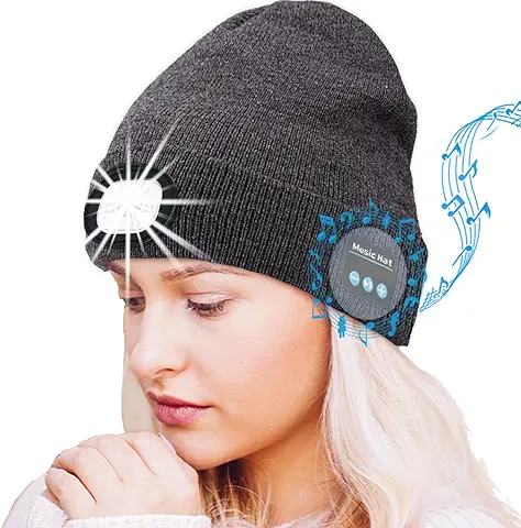 ZONSUSE Gorro Bluetooth Hombre Mujer,Beanie Musical,Gorro de Luz LED,Altavoz y Micrófono Incorporados,Retirable,Regalos Originales para Mujer Hombre Papá Madre Cumpleaños Navidad (Bluetooth Gris)  